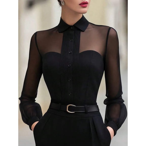 Women's Collared Button Front Shirt, Long Sleeve Sheer Slim Fit Fitted Blouse for Work, Office, Date Night & Everyday Wear