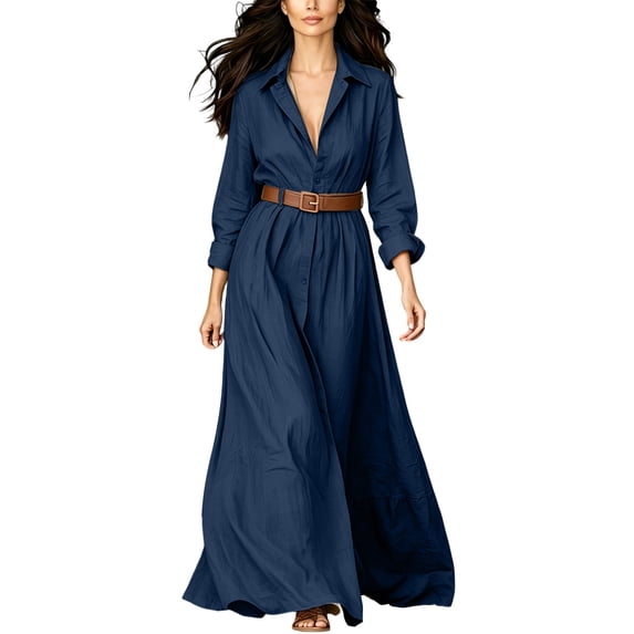 Women's Collared Button Front Shirt Maxi Dress, Long Sleeve Waist Tie Belted Dress, Casual Commuter Vacation Flowy Long Dress for Summer Outfits Dark Blue M(M)