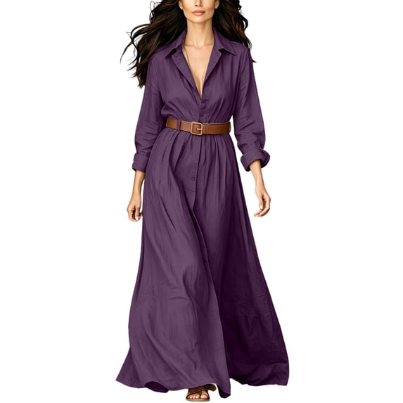 Women's Collared Button Front Shirt Maxi Dress, Long Sleeve Waist Tie Belted Dress, Casual Commuter Vacation Flowy Long Dress for Summer Outfits Purple S(S)