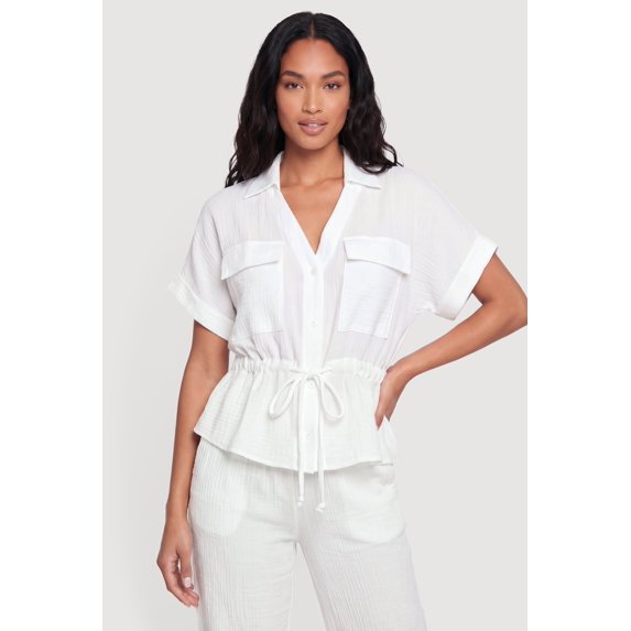 Women's Collared Drawstring Waist Button Front Shirt