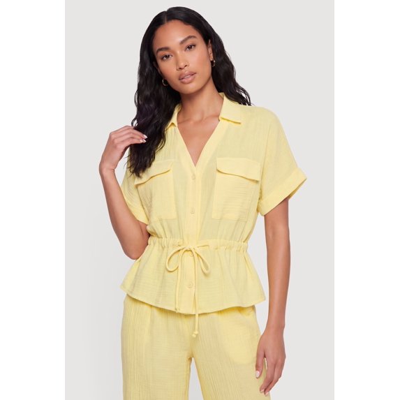 Women's Collared Drawstring Waist Button Front Shirt