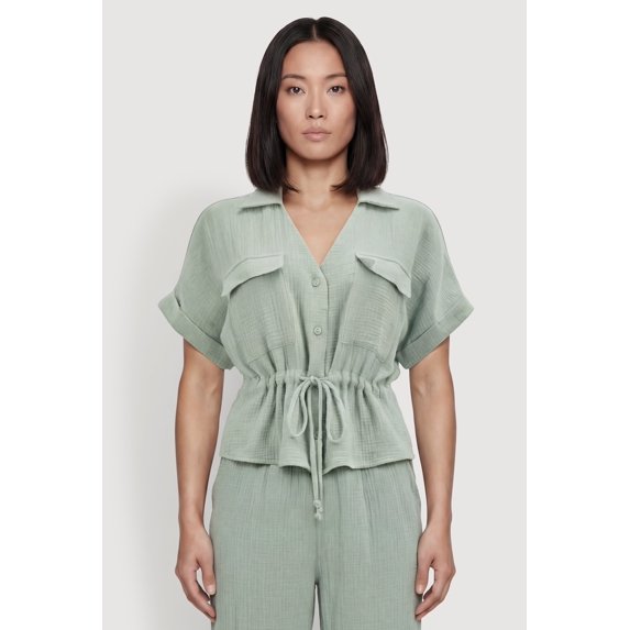 Women's Collared Drawstring Waist Button Front Shirt