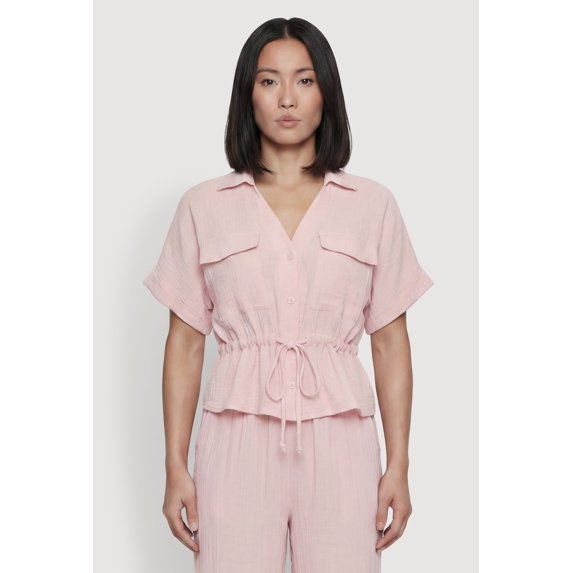 Women's Collared Drawstring Waist Button Front Shirt