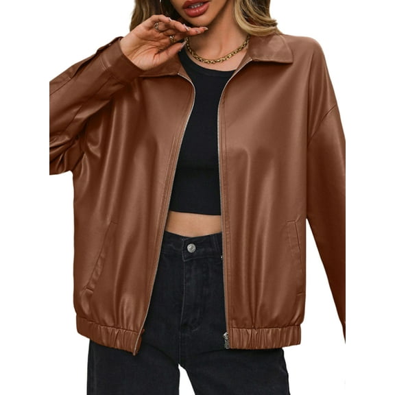 Women's Collared Faux Leather Zip Up Jacket Oversized Trendy Fall Coat