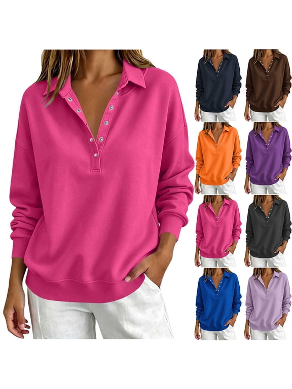 Women's Collared Half Snap Pullover Long Sleeve Casual Sweatshirt Top
