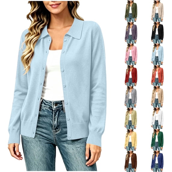 Women's Collared Long Sleeve Button Front Knit Cardigan Sweater, Lightweight Layering Jacket,Light Blue,Women's Plus Size S