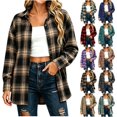 thumbnail image 1 of Women's Collared Loose Long Sleeve Plaid Shirt,Oversized Casual Button Down Shacket Jacket,Coffee,Women's Plus Size L, 1 of 7