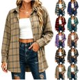 thumbnail image 1 of Women's Collared Loose Long Sleeve Plaid Shirt,Oversized Casual Button Down Shacket Jacket,Coffee,Women's Plus Size M, 1 of 7