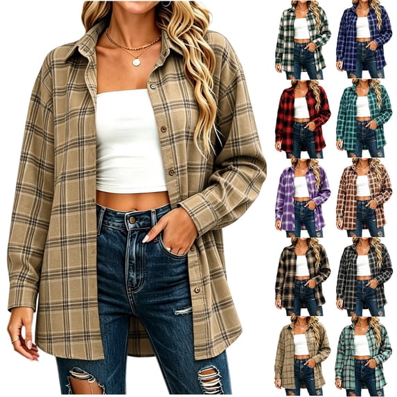 Women's Collared Loose Long Sleeve Plaid Shirt,Oversized Casual Button Down Shacket Jacket,Coffee,Women's Plus Size M