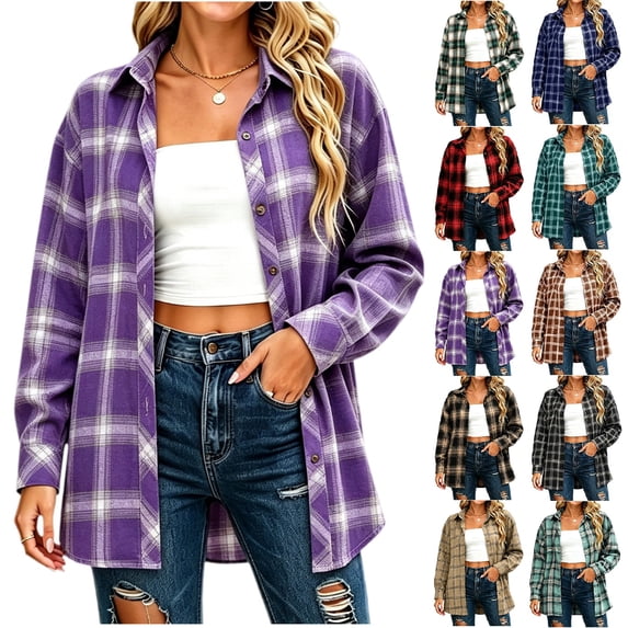 Women's Collared Loose Long Sleeve Plaid Shirt,Oversized Casual Button Down Shacket Jacket,Purple,Women's Plus Size XXL