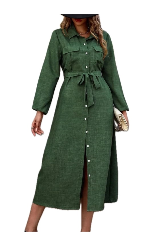 Women's Collared Neck Long Sleeve Midi Shirt Dress with Button Front Pocketed Tied Detail one hundred percent polyester