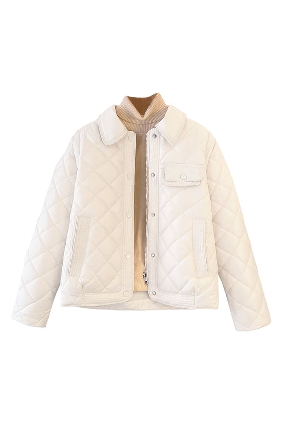 Women's Collared Puffer Jackets Casual Quilted Button Down Jacket Full Zip Lightweight Outwear Coat with Multi Pockets (XL, White)