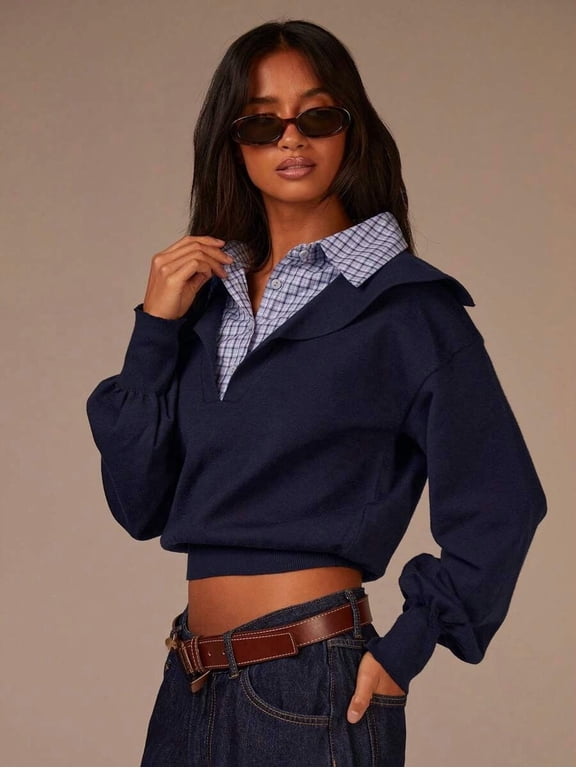 Women's Collared Pullover Sweater, Layered Design Long Sleeve Loose Fit Knit Top, Fitted Cropped Jumper for Commute and Daily Wear