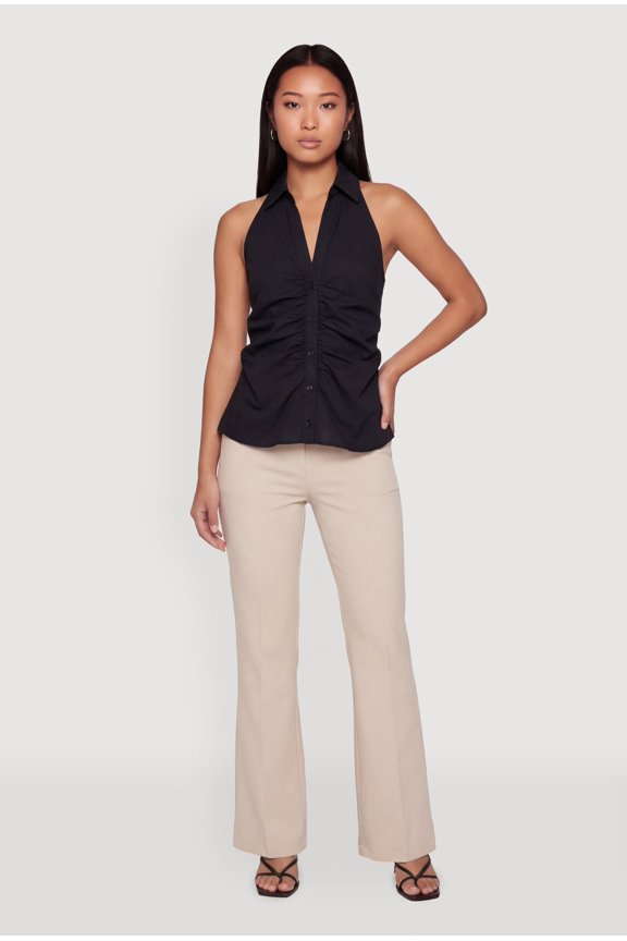 Women's Collared Ruched Button Front Halter Top