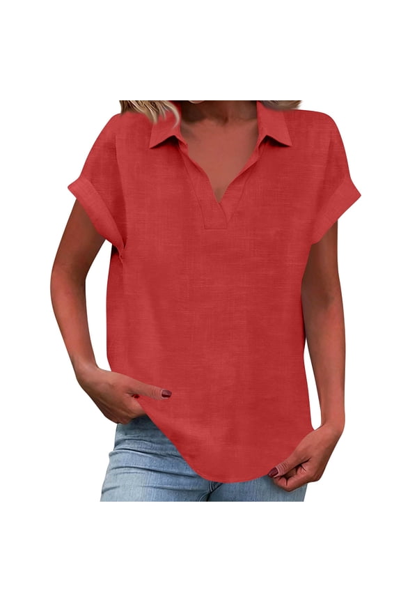 Women's Collared Short Sleeve Shirt, Solid Color Casual Button Down Top, Classic Polo Style Blouse for Smart Casual or Daily Wear,Red - L