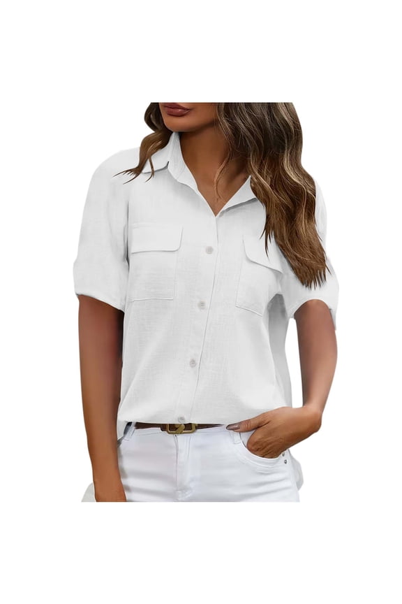 Women's Collared Short Sleeve Tunic Blouse Summer Loose Plain Button Down Tops with Pockets White