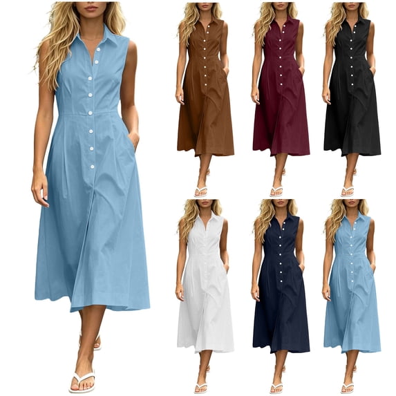 Women's Collared Sleeveless Midi Dress, Button Front Waist Tie A-Line Dress with Side Pockets, Solid Casual Shirt Dress for Summer Daily Outfits Light Blue XS(XS)