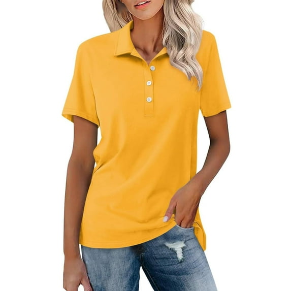 Women's Collared Summer Shirt Short Sleeve Button Down Breezy Casual Tee Yellow XXXXL