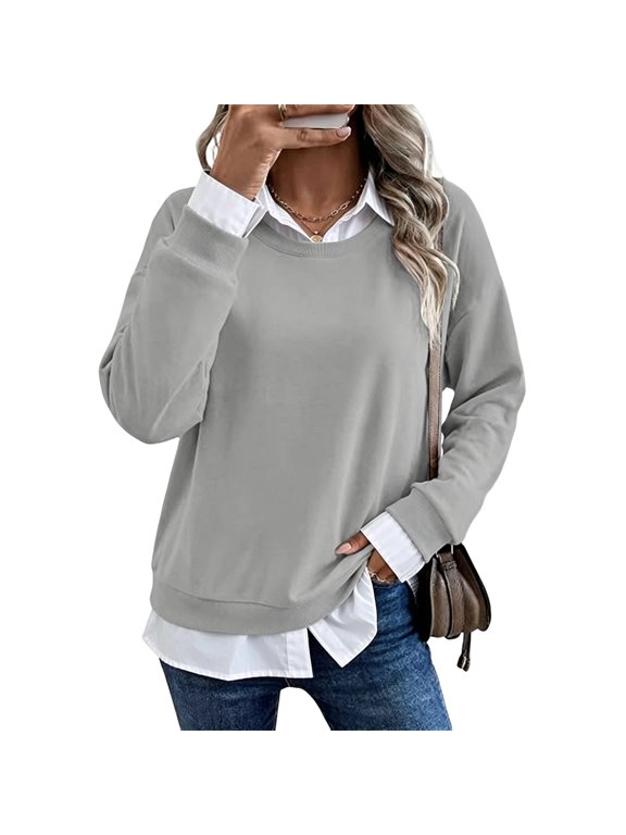Women's Collared Sweatshirt, Long Sleeve Two Piece Layered Look Pullover Top, Relaxed Fit Casual Shirt Style