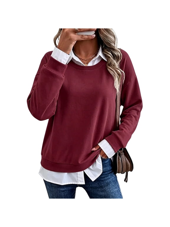 Women's Collared Sweatshirt, Long Sleeve Two Piece Layered Look Pullover Top, Relaxed Fit Casual Shirt Style