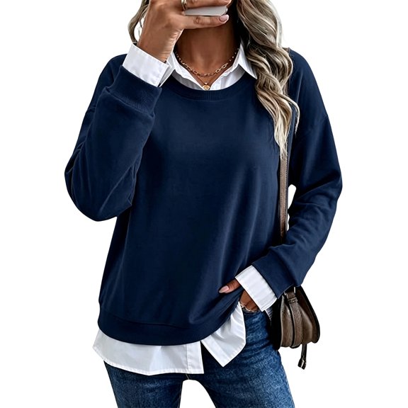 Women's Collared Sweatshirt, Long Sleeve Two Piece Layered Look Pullover Top, Relaxed Fit Casual Shirt Style