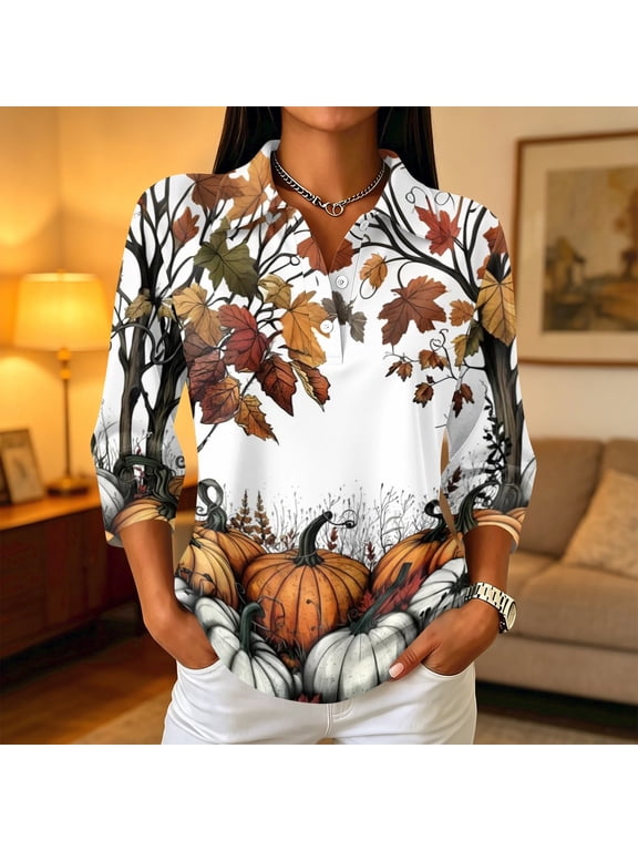 Women's Collared Three Quarter Sleeve Fall Pumpkin Maple Leaf Print Henley Top Casual Autumn Harvest Blouse for Holiday Daily Wear 2XL