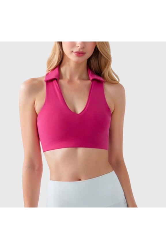 Women's Collared V-Neck Athletic Crop Top - Medium, Fuchsia