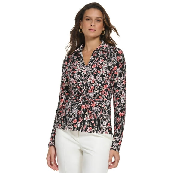 Women's Collared V-Neck Knot Top Black Multi S