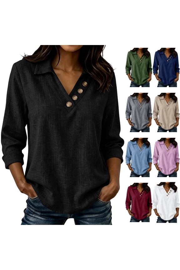 Women's Collared V Neck Long Sleeve Tunic Tops Button Decor Curved Hem Flowy Blouses to Wear with Leggings Fall Clothes, Black, S