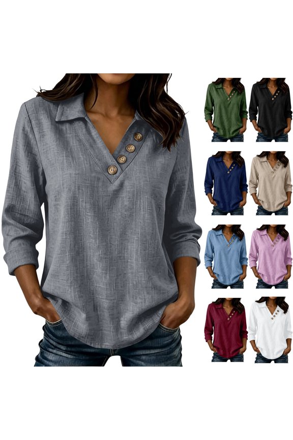 Women's Collared V Neck Long Sleeve Tunic Tops Button Decor Curved Hem Flowy Blouses to Wear with Leggings Fall Clothes, Gray, S