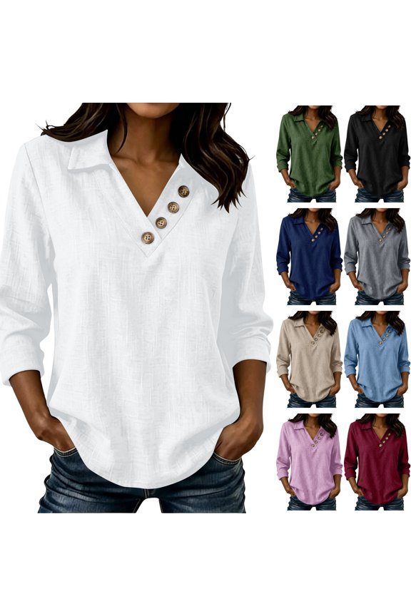 Women's Collared V Neck Long Sleeve Tunic Tops Button Decor Curved Hem Flowy Blouses to Wear with Leggings Fall Clothes, White, XL