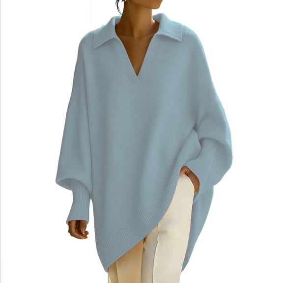 Women’s Collared V‑Neck Oversized Knit Pullover Sweater, Batwing Long Sleeve Tunic Tops, Loose‑Fit Asymmetrical Hem Layering Apparel for Fall Winter Daily Wear Blue XL