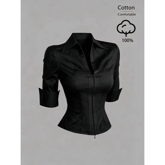 Women's Collared V-Neck Zip Front Blouse, Short Sleeve Slim Fit Fitted Shirt for Work, Office, Everyday & Business Casual Wear