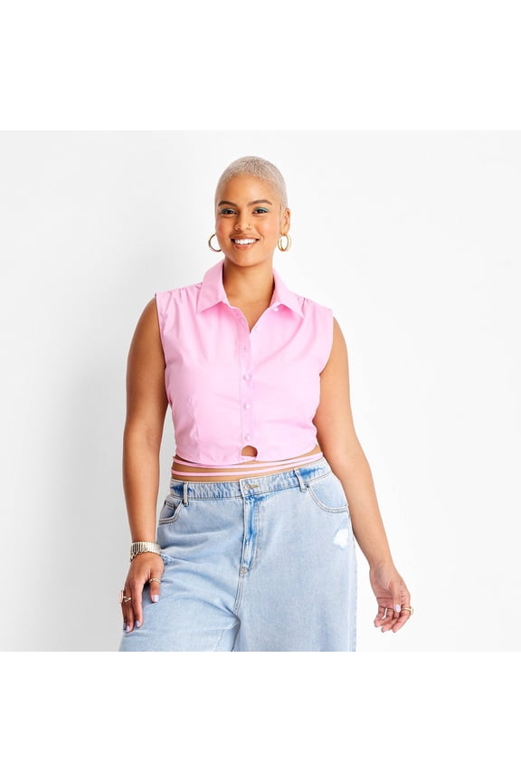 Women's Collared Wrap Around Waist Tie Cropped Top - Future Collective with Alani Noelle Berry Pink 3X
