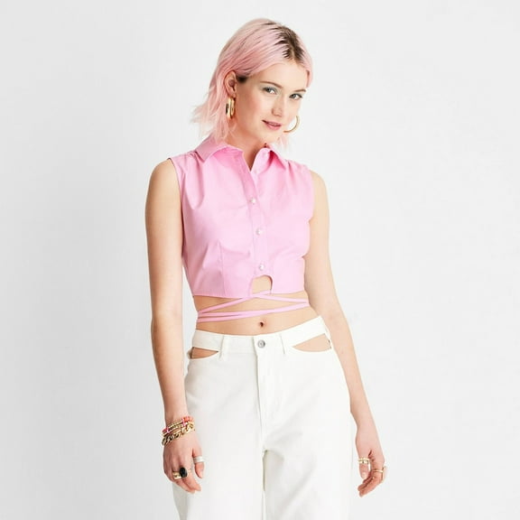 Women's Collared Wrap Around Waist Tie Cropped Top - Future Collective with Alani Noelle Berry Pink XL