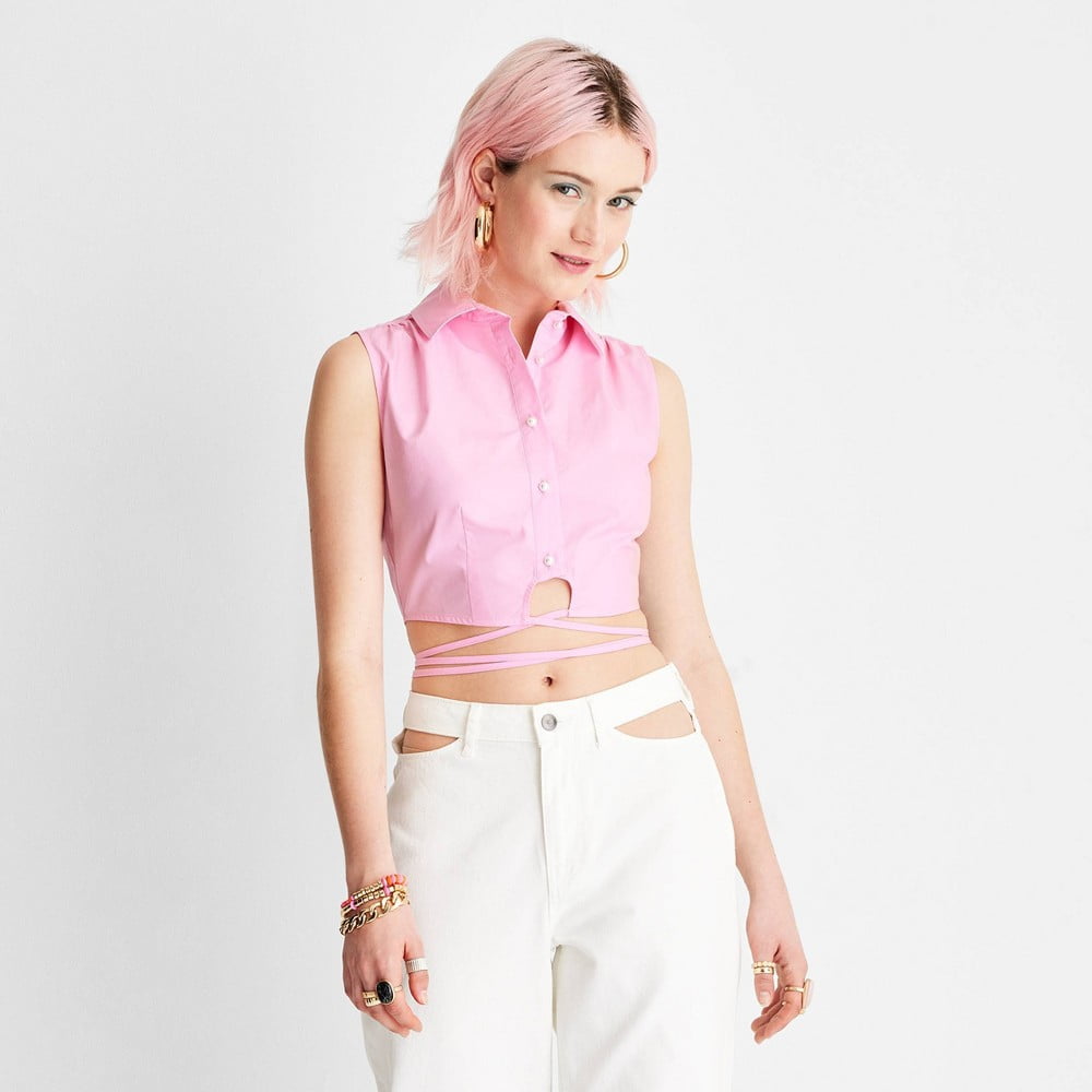 Women's Collared Wrap Around Waist Tie Cropped Top - Future