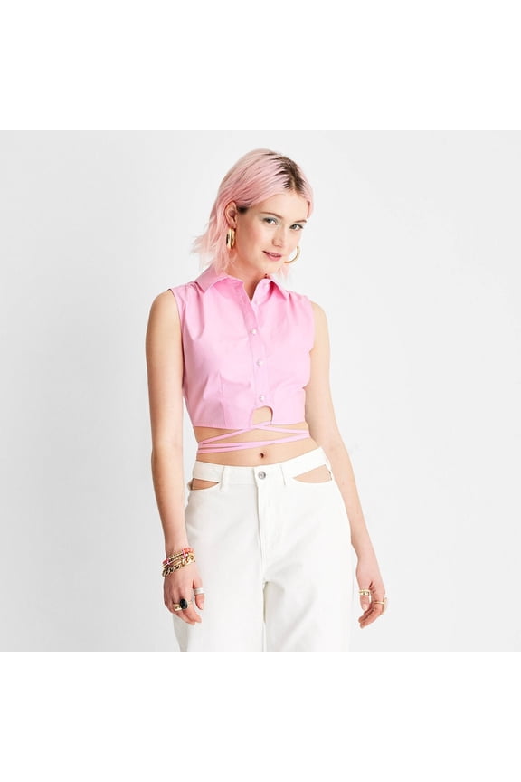 Women's Collared Wrap Around Waist Tie Cropped Top - Future Collective with Alani Noelle Berry Pink XS