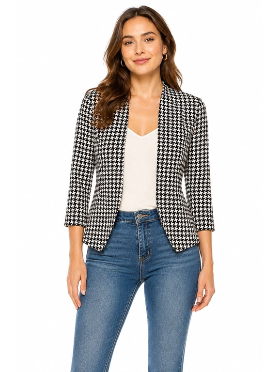 MOA COLLECTION Houndstooth, Open Front, 3/4 Sleeve Fashion Jackets (Women) Jacket