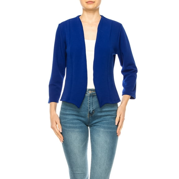 Women's Collarless Blazer Open Front Sleek 3/4 Sleeves Cardigan