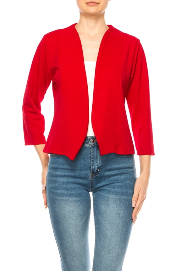 Women's Collarless Open Front 3/4 Sleeve Blazer, Red, Fashion Jackets