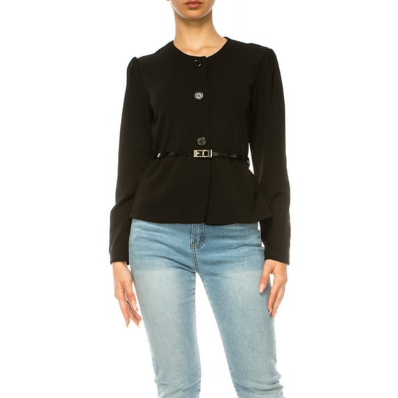 Collarless Button Down Belt Accent Fashion Jackets Women's