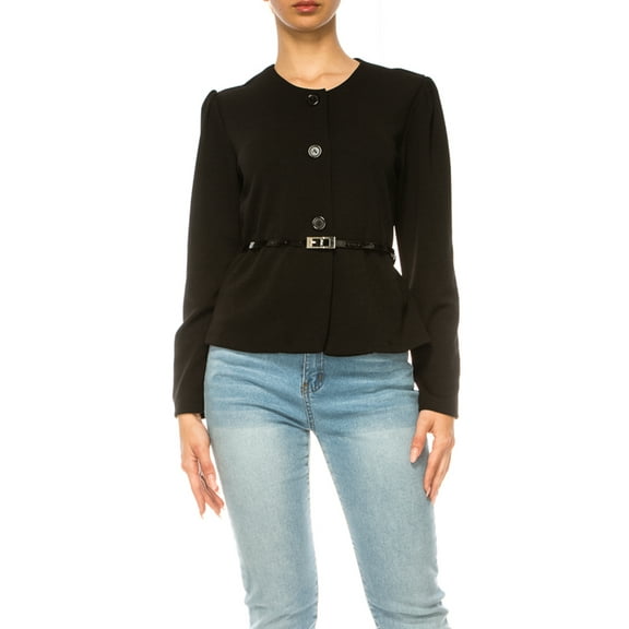 Collarless Button Down Belt Accent Fashion Jackets Women's