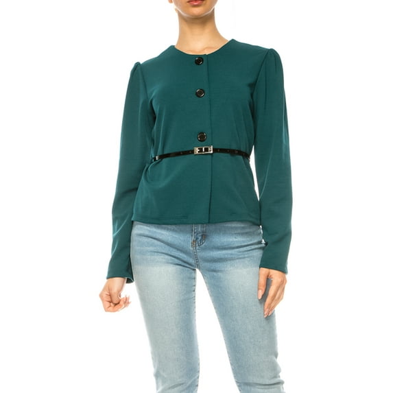 Women's Collarless Button Down Jacket with Belt Accent