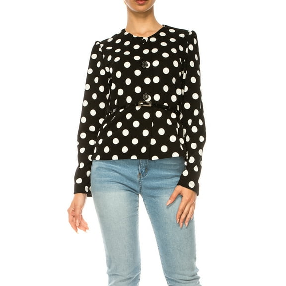 Women's Collarless Button Down Jacket with Belt Accent