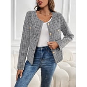 Womens Collarless Cropped Tweed Blazer Jacket with Gold Buttons, Sizes S-XL