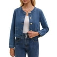 thumbnail image 1 of Women's Collarless Denim Jacket Long Sleeve 2026 Button Down Jean Jackets 2XL Blue, 1 of 6