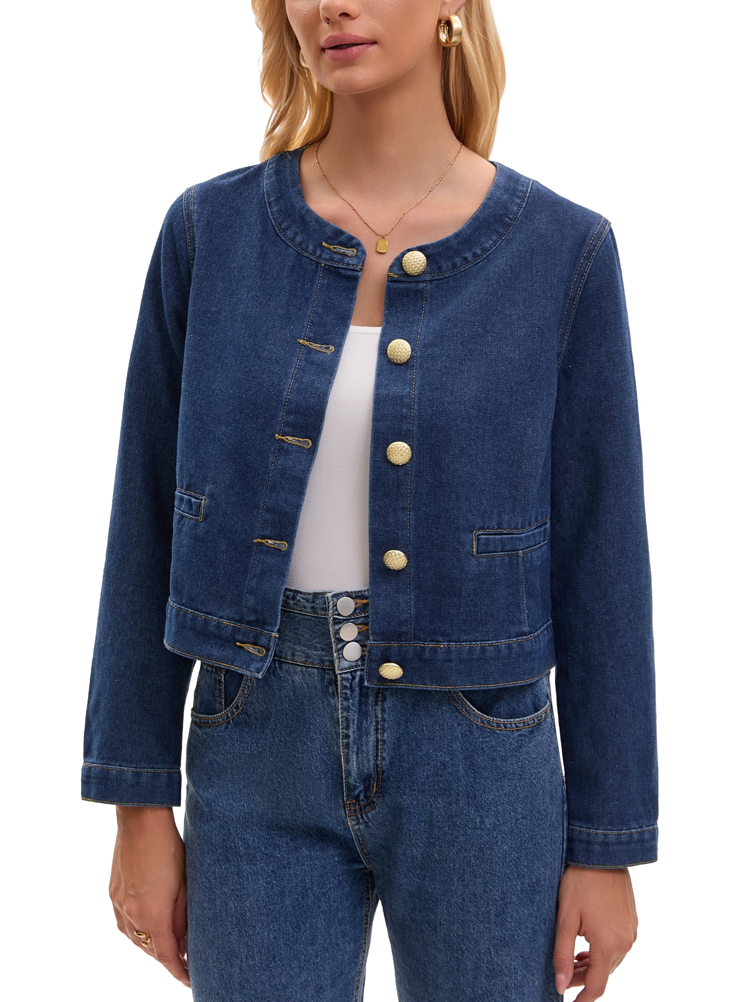 Women's Collarless Denim Jacket Long Sleeve 2026 Button Down Jean ...