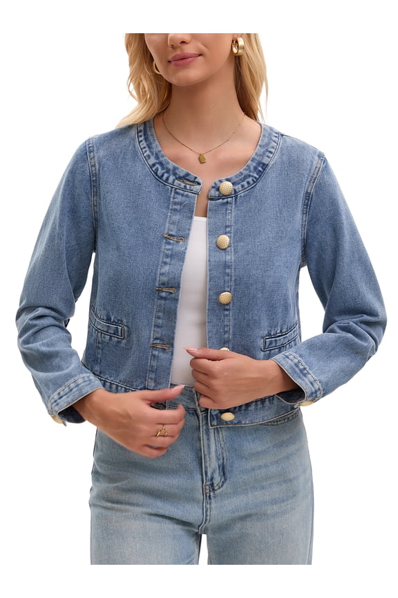 Women's Collarless Denim Jacket Long Sleeve 2026 Button Down Jean Jackets S Sky Blue