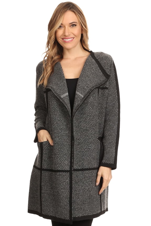 Women's Collarless Longline Oversized Open Front Chevron Lapel Wrap Trench Coat With Pockets
