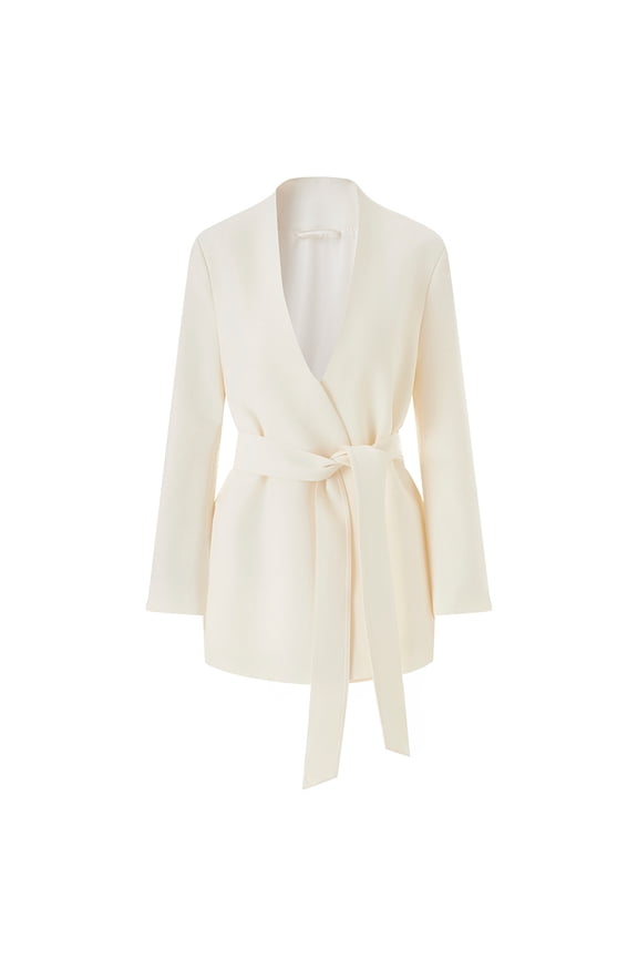 Women’s Collarless Oversized Blazer – Tie-Waist V-Neck Jacket for Autumn